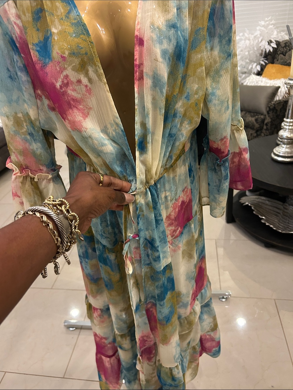 Cato Watercolor Tie-Waist Midi Coat in Blue, Pink & Cream